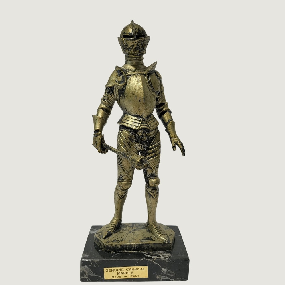 Vintage Depose Italy 70 Knight Figurine Genuine Carrara Marble Base Gold Armor